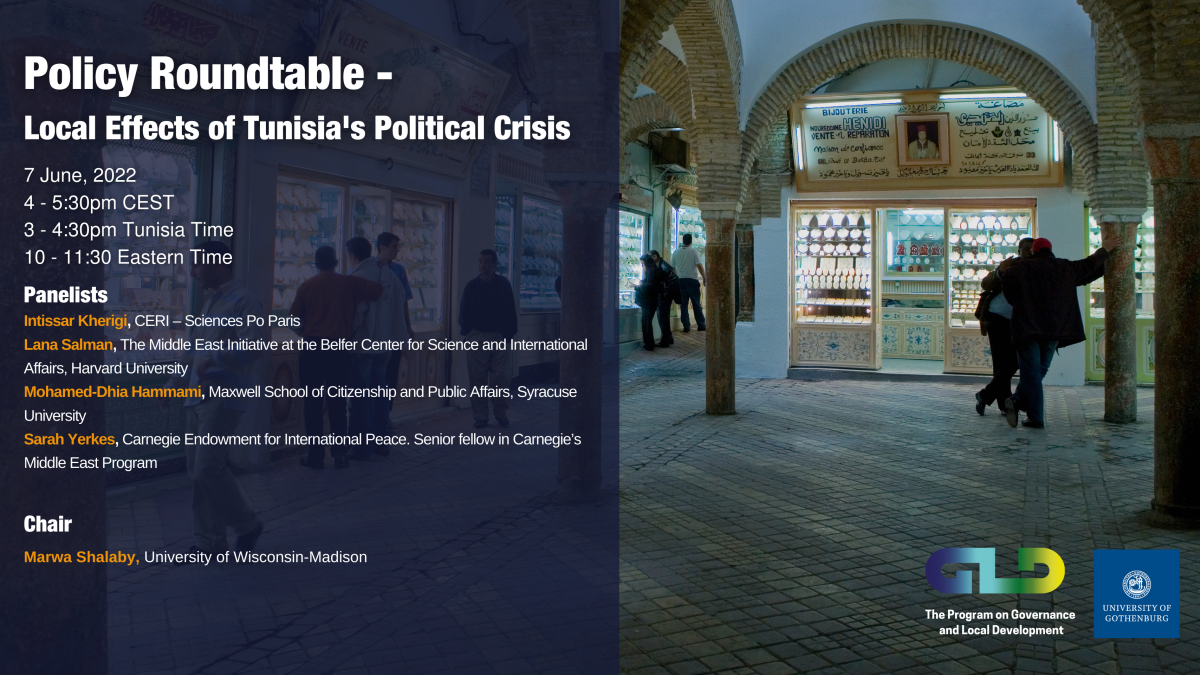 Event banner: Policy Roundtable: Local Effects of Tunisia's Political Crisis, 7 June 2022