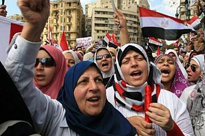 Women protesting with flags