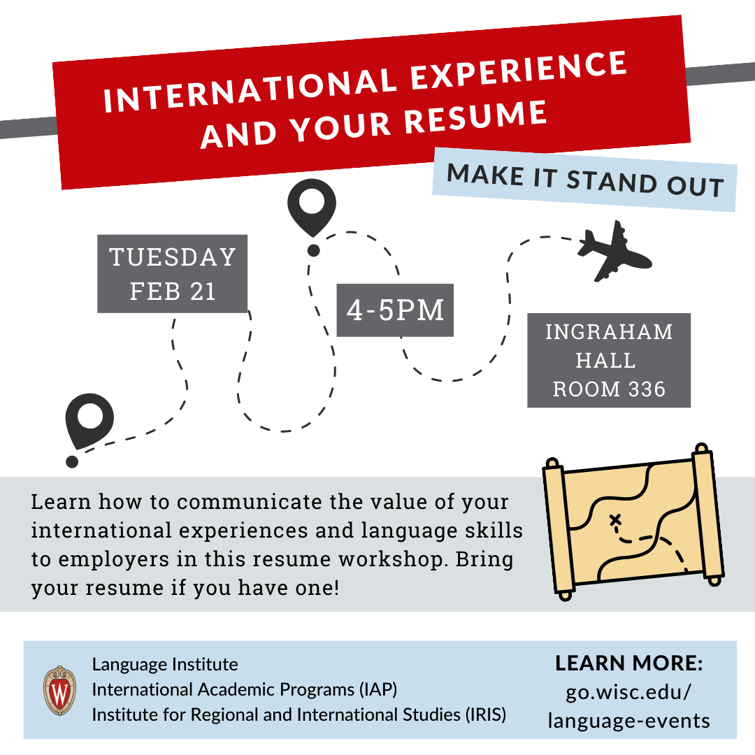 Event Poster: Intl. Experience and Your Resume, Tuesday February 21