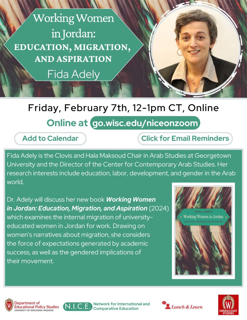Event Poster: Working Women in Jordan: Education, Migration and Aspiration with Fida Adely, Friday 7, Online