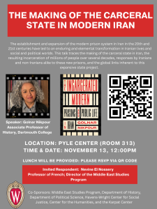 Event Poster: The making of the Carceral State in Modern Iran with Golnar Nikpour, November 13