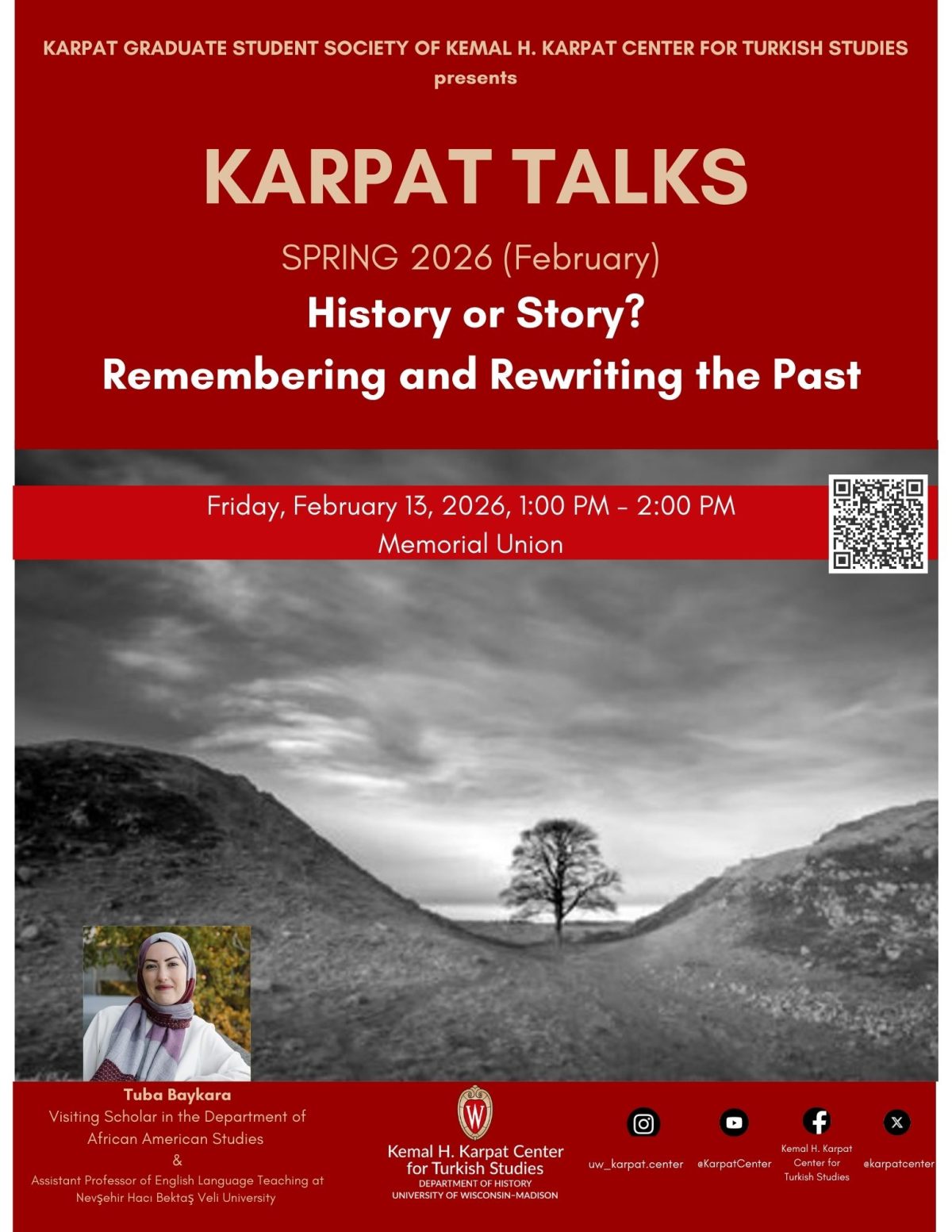 Karpat Talks Poster: History or Story? Remembering and Rewriting the Past with Tuba Baykara, February 13, 2026
