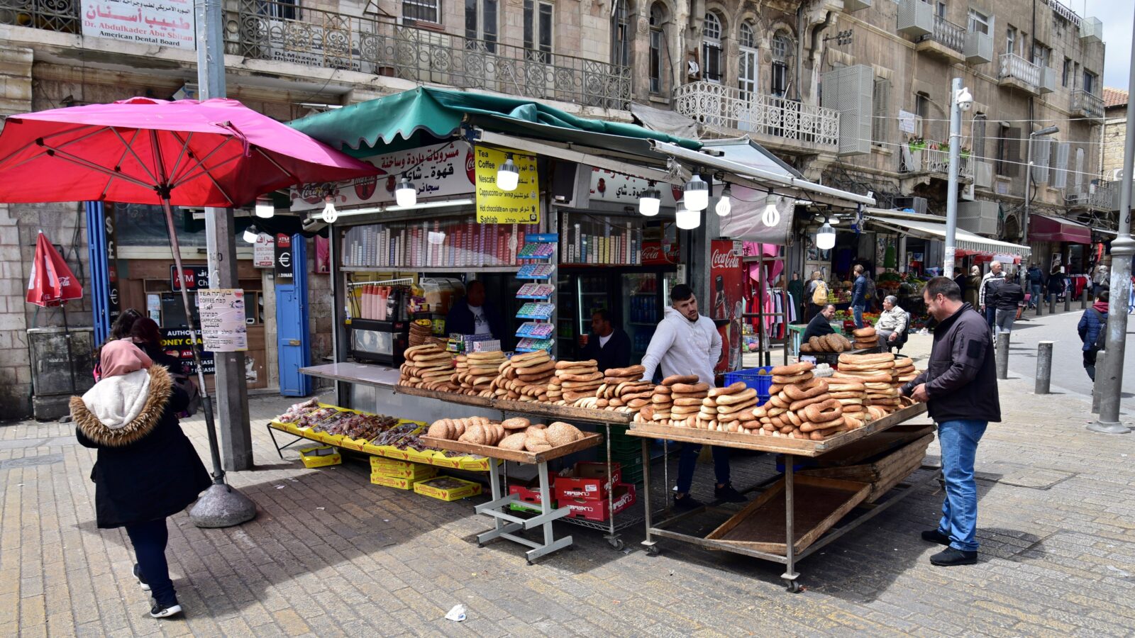 Street Scene in Nablus with food stalls in the middle of the street